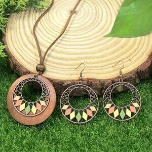 3pc Set Wood Leather Necklace & Earrings Bronzed Dangle Boho Hippie Yoga Namaste